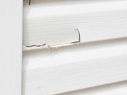 Closeup of cracked white siding on a home